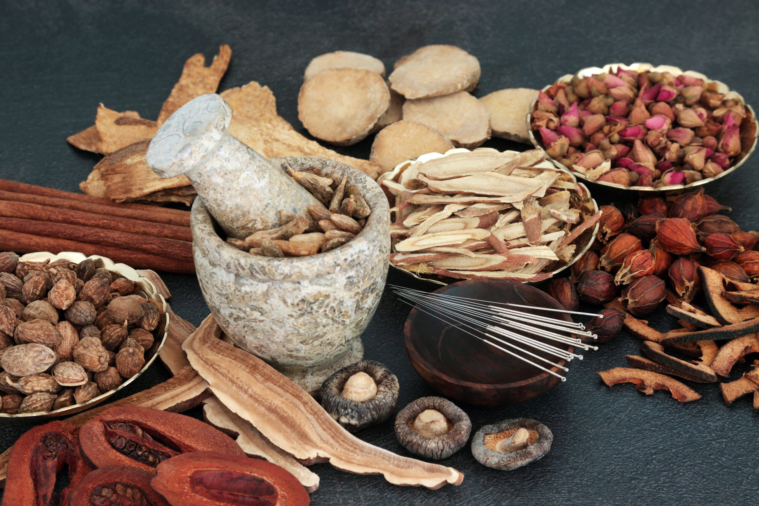 A collection of herbs and spices with a stone mortar and pestle.